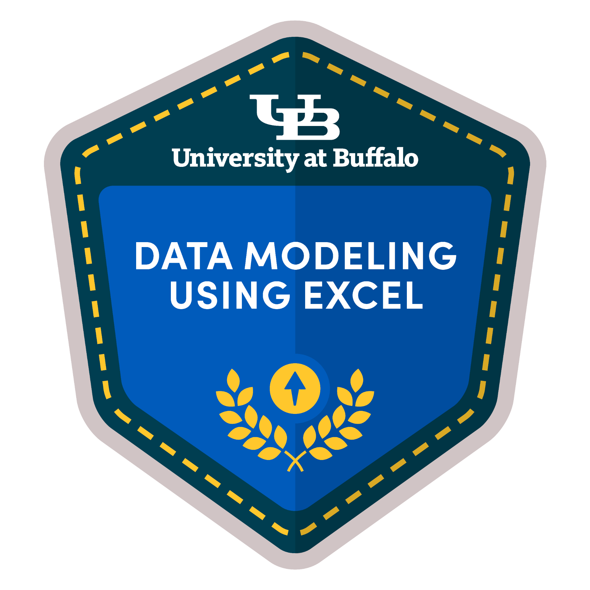 Micro-credential badge with the UB logo that reads "Data Modeling Using Excel". 