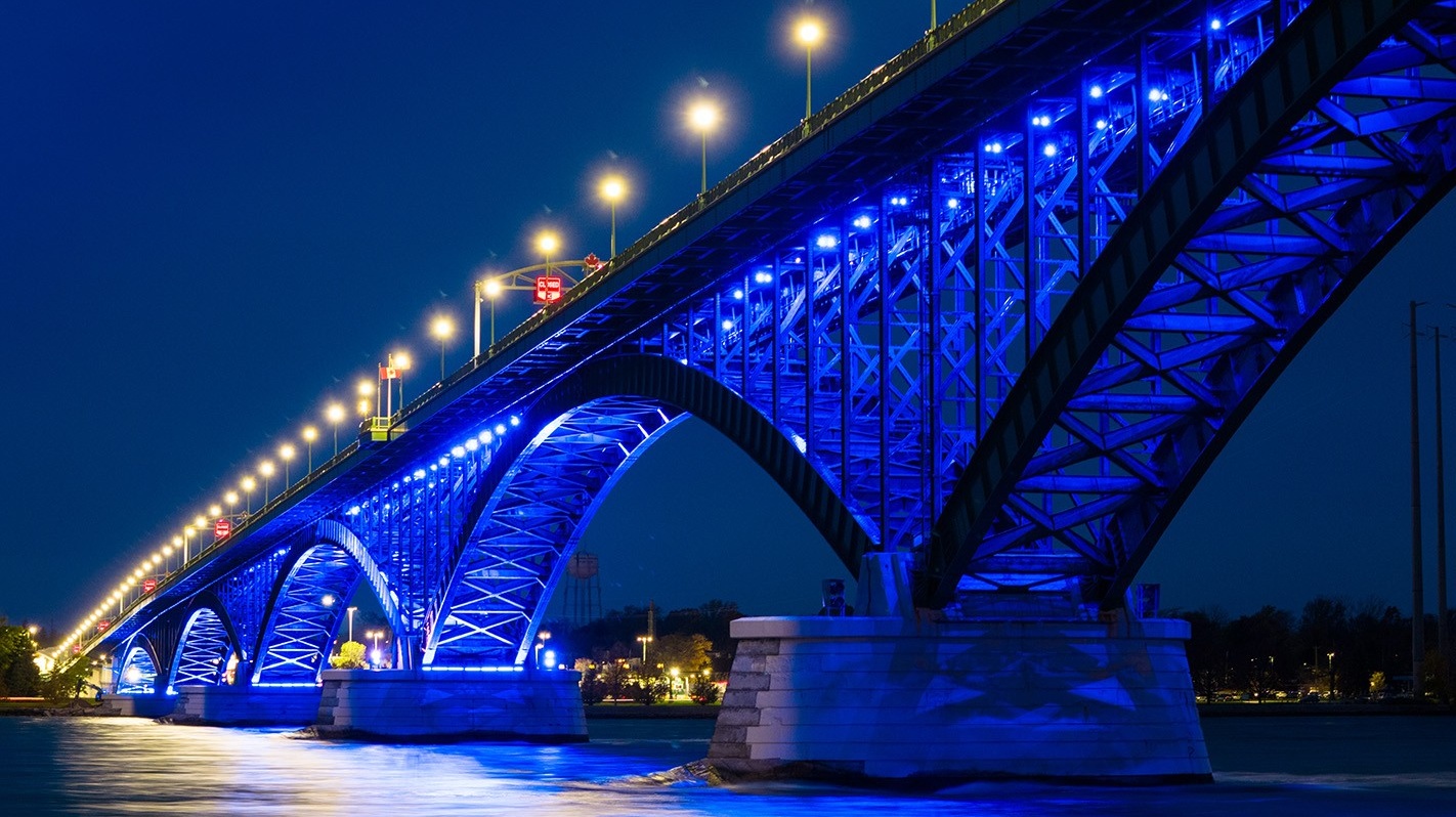 Peace bridge in blue for the centennial. 