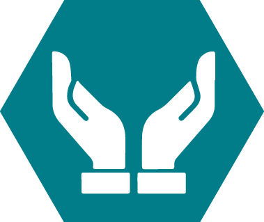 Blue icon with hands lifting upwards that represents Social Impact of Management and links to information about the Social Impact of Management strategic initiative. 