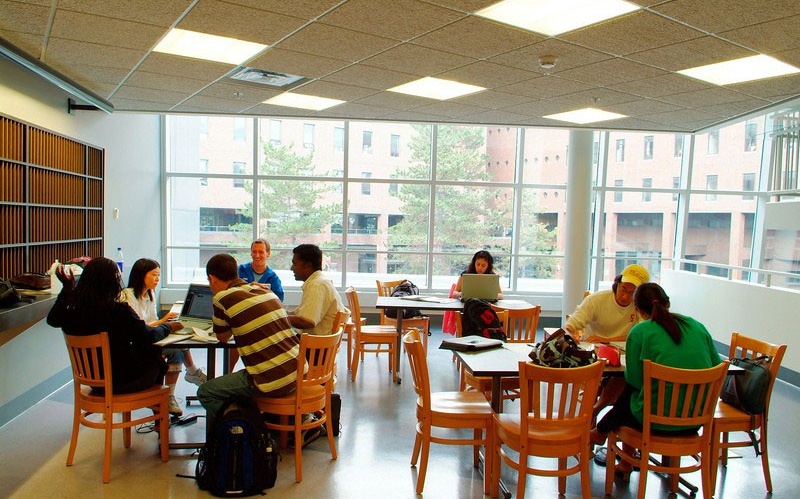 Zoom image: Students work at tables in the Mezzanine
