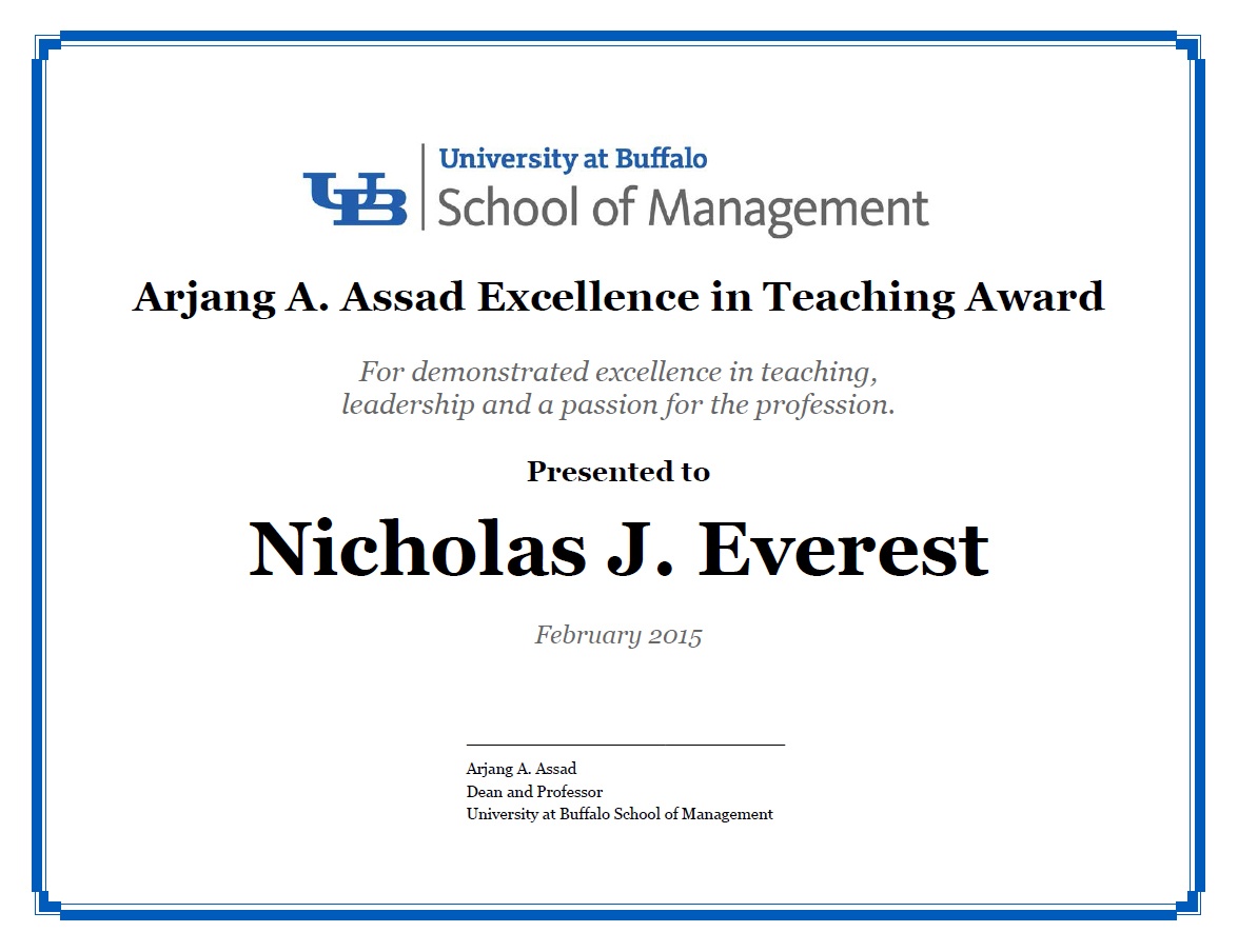 Zoom image: Award certificate for Arjang A. Assad Excellence in Teaching Award