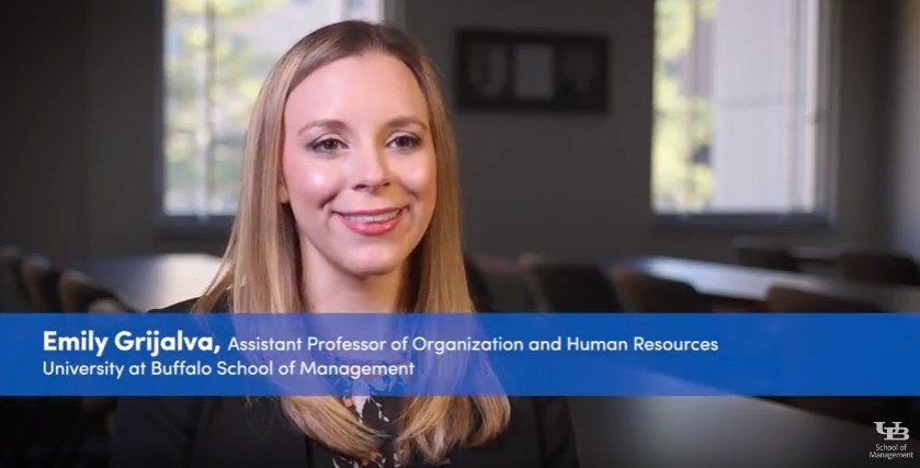 Zoom image: Emily Grijalva, assistant professor of organization and human resources, presents her research in a two-minute video.