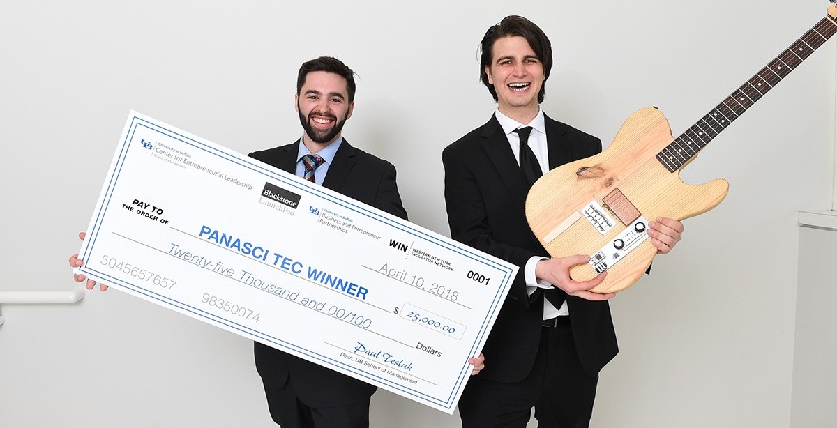 Zoom image: Ryan Jaquin and Shane Nolan, winners of the 2018 Henry A. Panasci Jr. Technology Entrepreneurship Competition for their company, Bitcrusher. Photo: Nancy J. Parisi. 