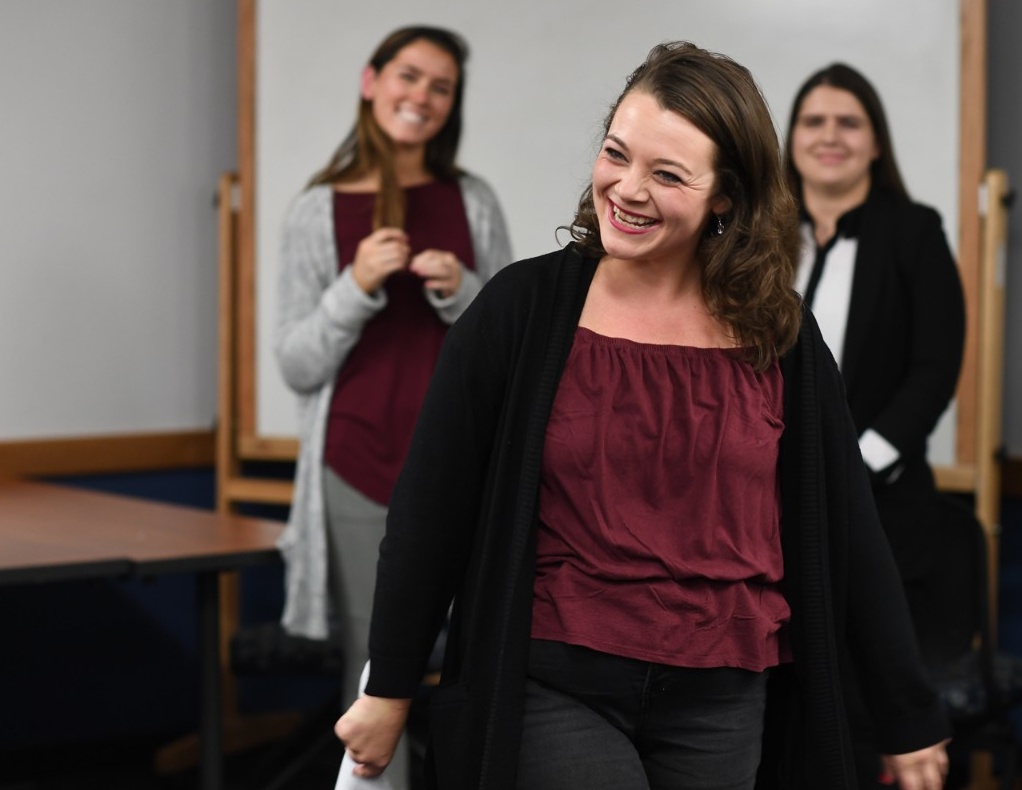 Zoom image: Celine Keefe, MBA ’17, led an improv workshop for Women in Management club members. 